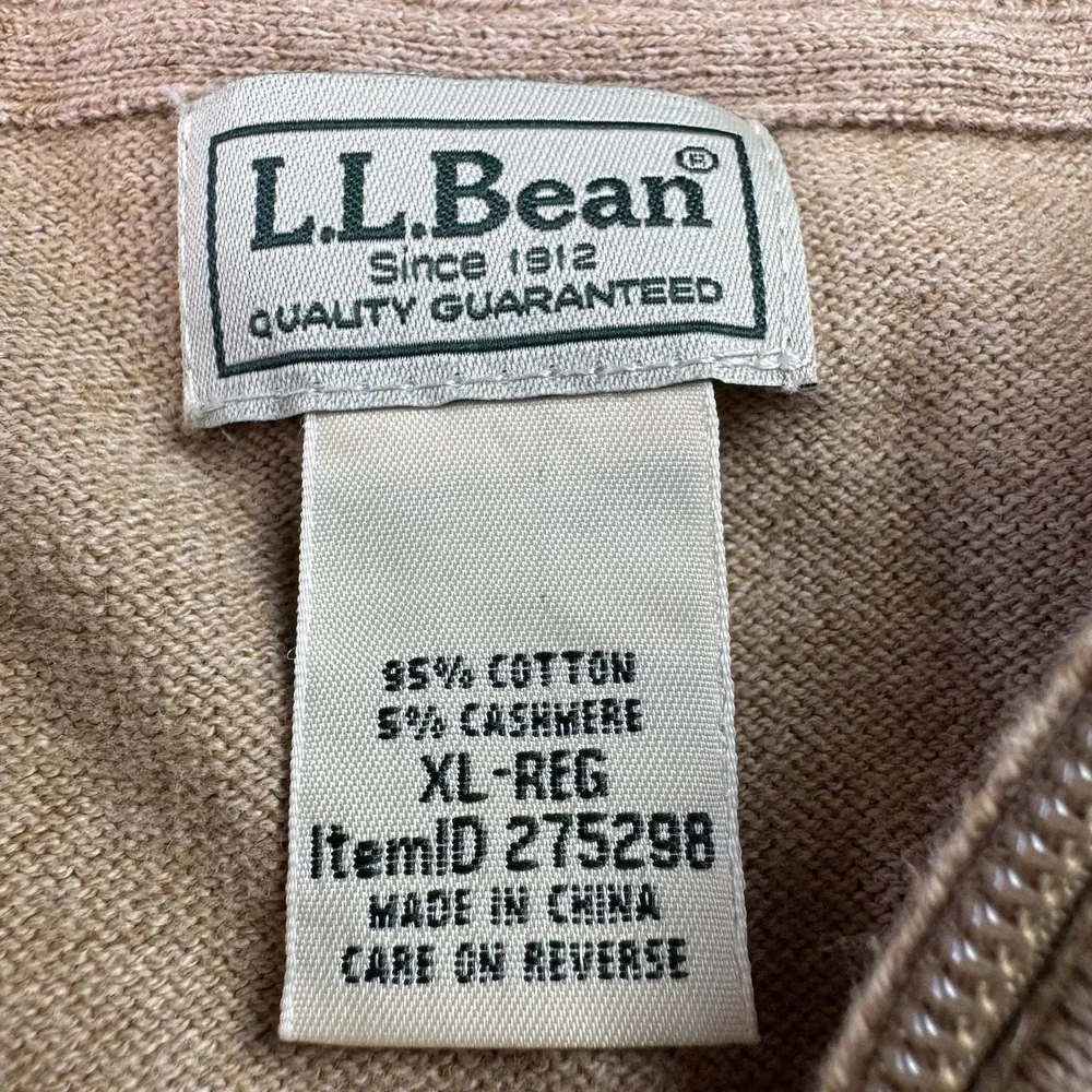 LL Bean Sweater Mens XL Pullover Cotton Cashmere Regular 1/4 Zip Beige Preppy